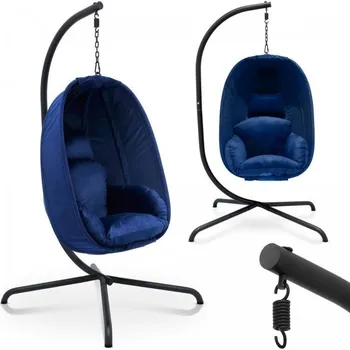 Nábytek Luxusní houpací závěsné křeslo látkové tmavě modré s konstrukcí, vysoká nosnost 160 kg