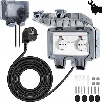 Elektrická zásuvka VODOTĚSNÝ EVROPSKÝ SPÍNAČ 2 ZÁSUVKY + KONEKTOR + TESTER, POCÍNOVANÁ MĚĎ