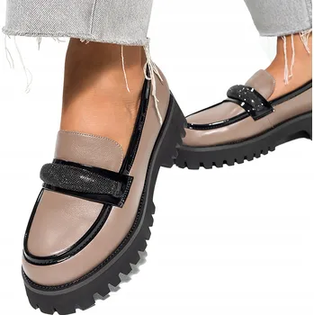 Dámské mokasíny DÁMSKÉ KOŽENÉ MOKASÍNY LEHKÉ BÉŽOVÉ BOTY NA PLATFORMĚ S BĚHOUNEM vel. 38