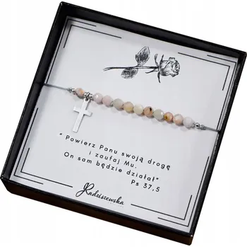 Náramek Bransoletka Różaniec z přírodních kamenů Opál Růžový Citát Stříbro 925