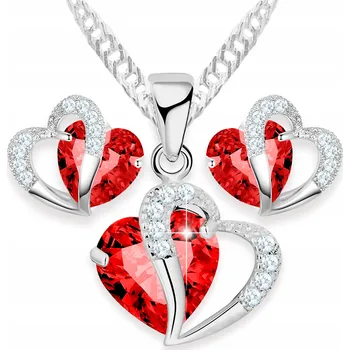 Náhrdelník Stříbrná Sada Náhrdelník a Náušnice Červená Křišťálová Srdce STŘÍBRO 925