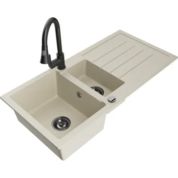 Granitový dřez MEXEN/S - Andres granitový dřez s odkapávačem včetně baterie Elia, béžová 6515-69-670101-70