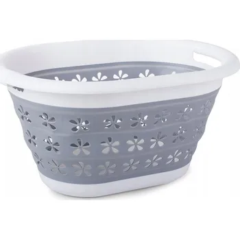 Koš na prádlo Skládací koš na prádlo šedo-bílý s květinami, silikonová plastová mísa