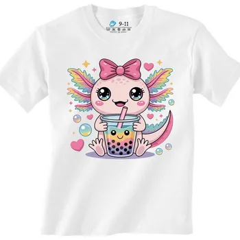 Dívčí tričko Dětské tričko Duhový Axolotl s Bubble Tea (Barva: Bílá)