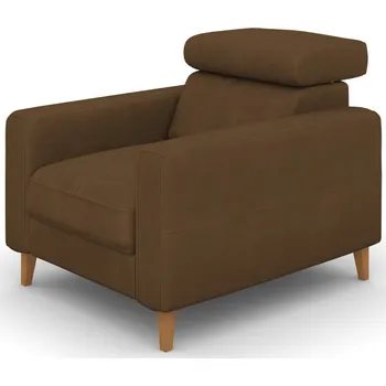 Křeslo Elegantní čalouněné křeslo s opěrkou hlavy do obývacího pokoje Goya - Bydgoskie Meble r 200 cognac, Přírodní Dub 94x84 cm