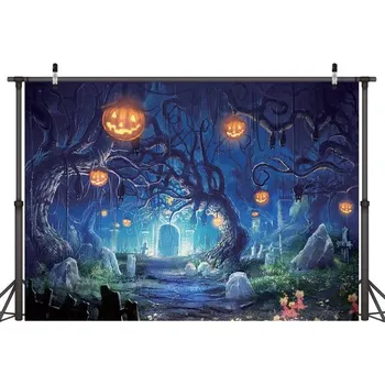 LYWYGG 8x6FT Halloween pozadí Halloween Horror Kamenný hrad Pozadí Teror Strom Dýně Lucerna Pozadí