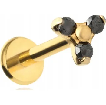 Piercing Titanový labret piercing do rtu zlatý se třemi černými zirkony 1,2/8/4