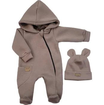 Kojenecká kombinéza Oteplený dětský overal se šlapkama a kapucí + čepička, 2D, Kazum, čokoládový