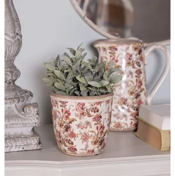 Obal na květináč Béžový keramický obal na květináč s květy Flovia M - Ø 14*13 cm