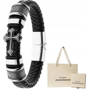 Náramek Pánský náramek KOŽENÝ s křížem OCEL 316L