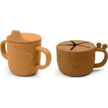 Kojenecká láhev Done by Deer Peekaboo set hrnečků snack/drink Deer friends - hořčicový