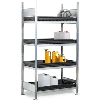 Dílenský regál Regál na malé nádoby, základní pole, 4 plastové záchytné vany, 1060 x 437 x 2000 mm