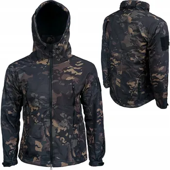 Pánská softshellová bunda Taktická softshellová bunda s fleecem, 8 kapes a kapucí - Dark Camo, velikost M