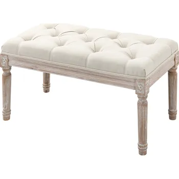 Taburet HOMCOM taburet, čalouněná lavice se vzhledem lnu, podnožka s čalouněným sedákem, dřevěná noha, dřevěná podnožka otomanu, do obývacího pokoje, ložnice, krémově bílá
