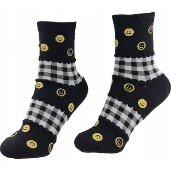 Dámské ponožky Dámské dlouhé Ponožky černé s kostkovanými usmívajícími Smajlíci 36-40