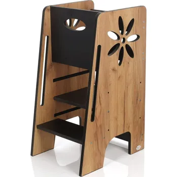 učicí věž Dřevěná učící věž Montessori KIDSWOOD Flower KH-355 80cm - barva dřeva/černá
