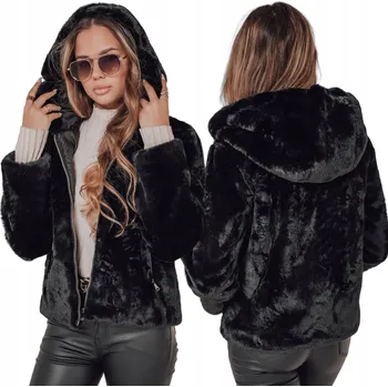 Dámský kabát Dámský zimní krátký kabát s kapucí a kožešinou černý TY4995 - XL