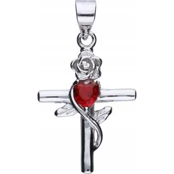 Přívěsek Stříbrný Křížek Přívěsek s Růží a Červenou Zirkonií Srdce Stříbro
