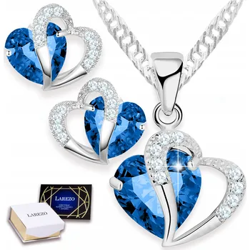 Náhrdelník Stříbrná Sada Náhrdelník a Náušnice Modrá Křišťálová Srdce STŘÍBRO 925
