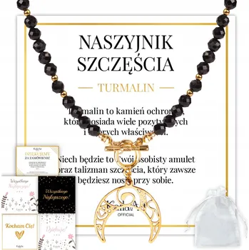 Náhrdelník ČERNÝ NÁHRDELNÍK TURMALÍN S MĚSÍCEM, ZLATÝ PŘÍVĚSEK Z CHIRURGICKÉ OCELI