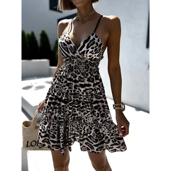 Dámské šaty Leopardí krátké šaty MANSVET s volánem Velikost: ONESIZE