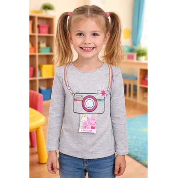 Sun City Dívčí tričko PEPPA PIG foťák dlouhý rukáv šedé Šedá, Velikost: 116 116