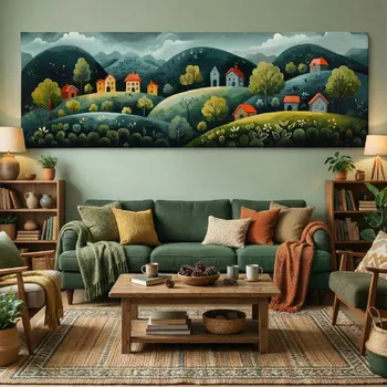 Obraz Obraz na plátně - Kopečky s vesnicí Viarel FeelHappy.cz Velikost obrazu (šířka x výška): 60 x 20 cm