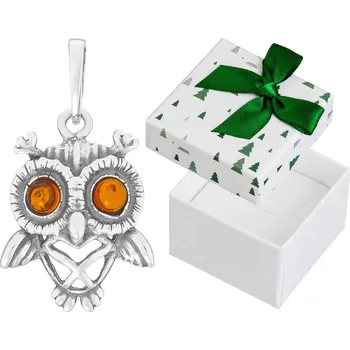 Přívěsek Stříbrný Přívěsek Sova s Jantarem Oxidovaný Ažurový Přívěsek Pták Sovička