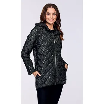 Kratší prošívaná černá dámská bunda na zip s kapucí 7664 velikost M