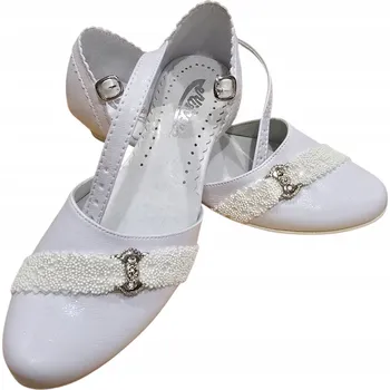 Dívčí baleríny MIKO 714 Bílé dívčí k prvnímu svatému přijímání balerínky, zapínací, s broží, velikost 34