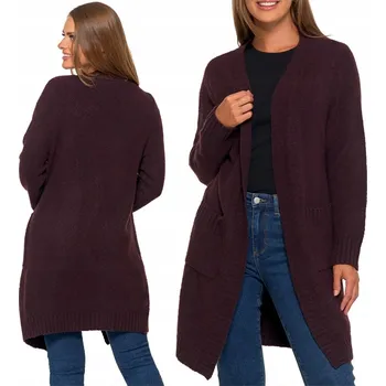 Dámský svetr DLOUHÝ DÁMSKÝ KARDIGAN MORAJ S KAPSYMI DLOUHÝ RUKÁV SVETR HNĚDÝ M/L