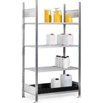 Dílenský regál Regál na malé nádoby, základní pole, 3 mřížové rošty, PE záchytná vana, 1060 x 637 x 2000 mm