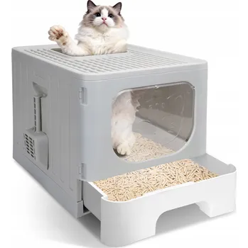 Toaleta pro kočku Velký toaleta pro kočky s výsuvnou zásuvkou XL, polootevřený, s filtrem + lopatka šedá 38.2 cm x 38.5 cm