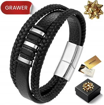 Náramek Pánský náramek Olivier Sanders kožený černý 20,50 cm s gravírováním