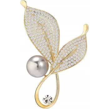 Brož Krásná BROŽ jako dárek dekorace na oblečení, LISTY, zirkony , perla, zlato