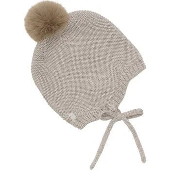 Kojenecká čepice HUTTELiHUT - Kojenecká čepička na zavazování s bambulí - Béžová VARIANTY: 50/56