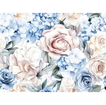 SATÉNOVÁ LÁTKA TYPU HEDVÁBÍ VZOR HYDRANGEA A RŮŽE PASTELOVÉ