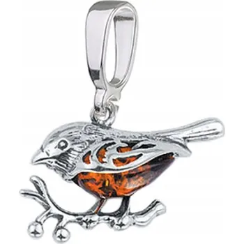 Přívěsek Vrabec Stříbrný Oxidovaný Přívěsek s Jantarem Závěs na Řetízek