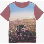 Minymo - Dívčí tričko s krátkým rukávem - Tmavě růžový traktor na louce Velikost: 80