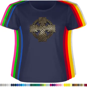 Dámské tričko levne-damske-bavlnene-tricko-potisk-kelt-kruh-kriz Barva: Navy - tmavě modrá, velikost: M