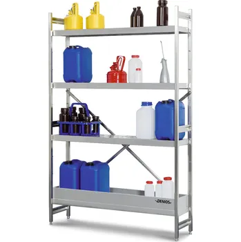 Dílenský regál Regál na malé nádoby, nerez, nástavné pole, 3 děrované plechy, záchytná vana, 575 x 300 x 1800 mm