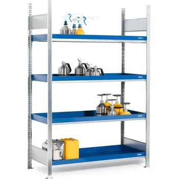 Dílenský regál Regál na malé nádoby, základní pole, 4 lakované záchytné vany, 1360 x 637 x 2000 mm