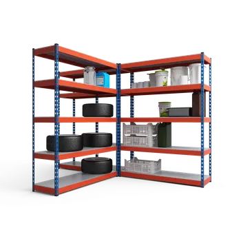 Dílenský regál SMARTREGALY Kovový prumyslovy regál 216x140x40cm, lakovaný - modro/oranžový, 5-policový, nosnost 1500kg