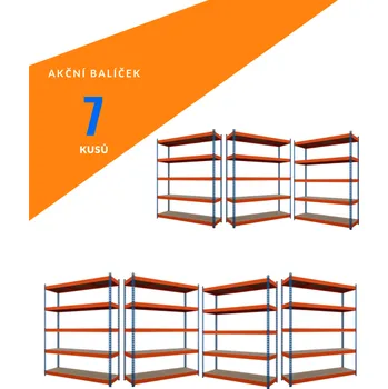 Dílenský regál SMARTREGALY Akční balíček - 7ks Kovový průmyslový regál 216x140x60cm, lakovaný - modro/oranžový, 5-policový, nosnost 1500kg