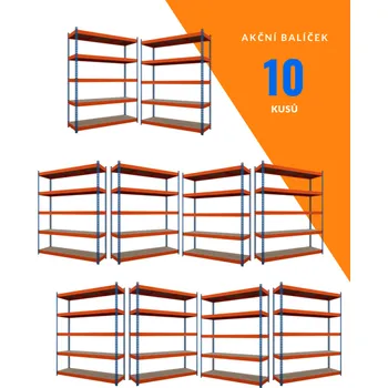 Dílenský regál SMARTREGALY Akční balíček - 10ks Kovový průmyslový regál 216x160x60cm, lakovaný - modro/oranžový, 5-policový, nosnost 1500kg