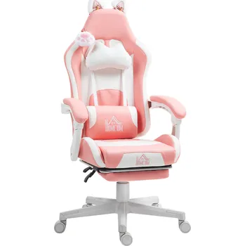 Herní židle Herní židle HOMCOM s kočičími ušima, polohovací opěradlo, výsuvná opěrka nohou, nosnost až 120 kg, růžová/bílá