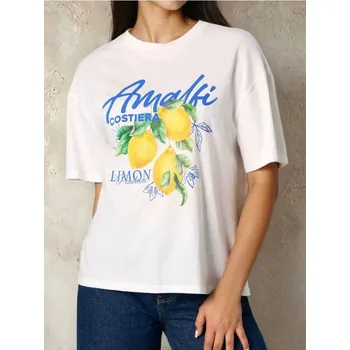 Dámské tričko Sinsay - Bavlněné oversize tričko s potiskem - krémová - 217IN-01X - 217IN-01X-XXL