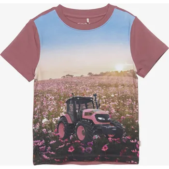 Minymo - Dívčí tričko s krátkým rukávem - Tmavě růžový traktor na louce Velikost: 92