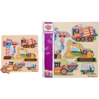 Hračka Vkládačka dřevěná stavební stroje bagr, jeřáb