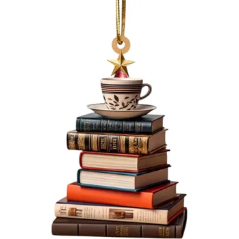 Vánoční dekorace Vitrážová závěsná ozdoba s motivem knížek Okenní dekorace na strom Knižní přívěsek pro knihomoly milovníky čtení